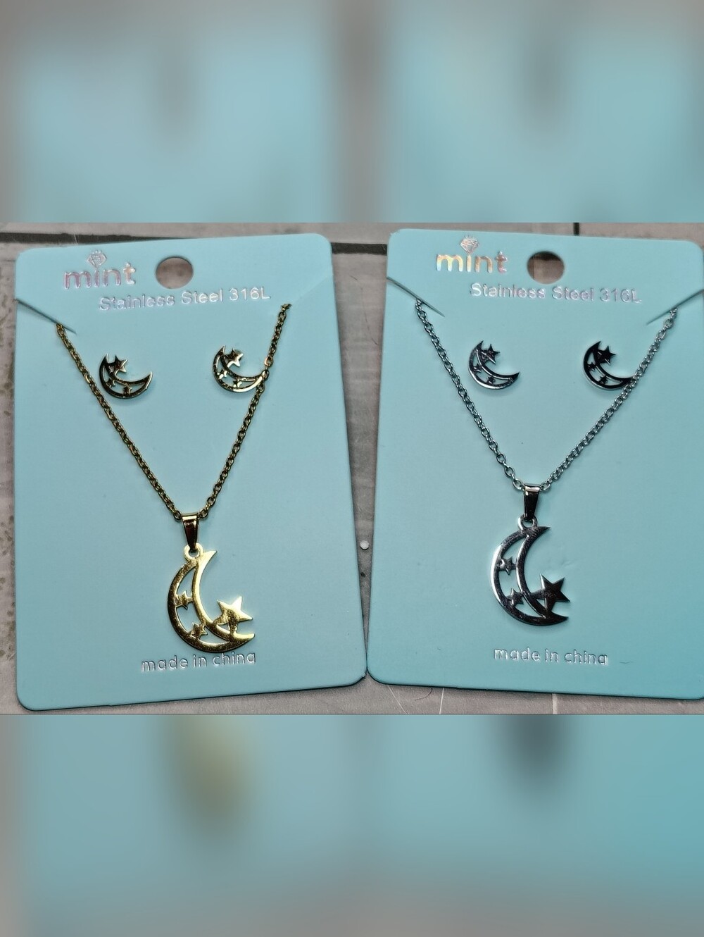 ⭐🌜 Stainless Steel Moon & Stars Necklace And Earrings Set 19" Gold Or Silver